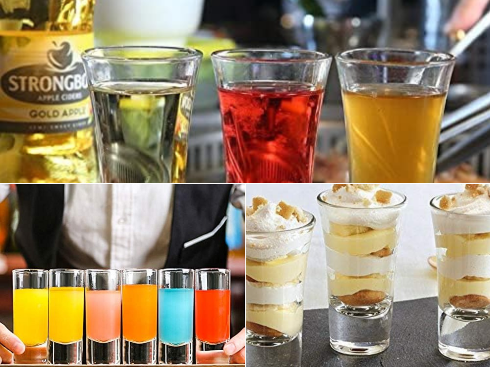 A man is serving 6 tall shots, a desert dish in 3 tall shot glasses, and 3 shots sitting with Apple Cider.