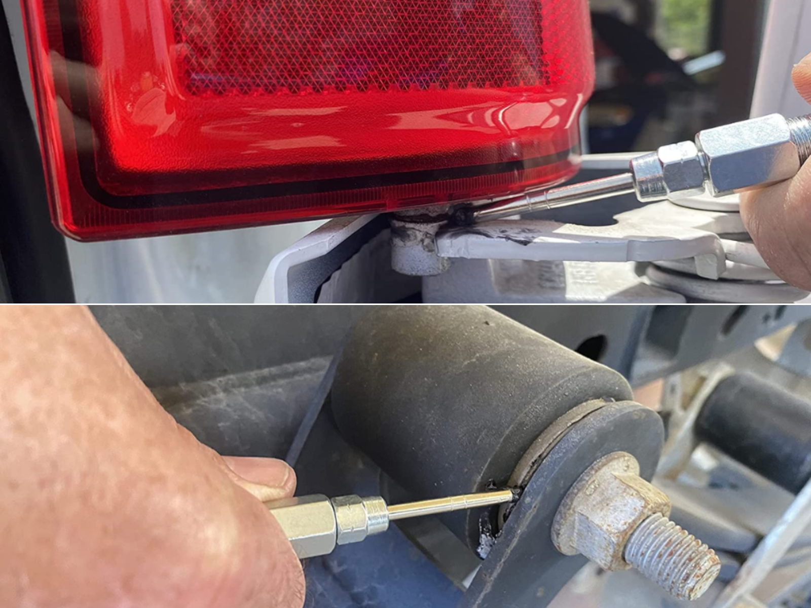 A needle putting grease in a spring bushing and another putting grease in a hard to reach pivot arm.