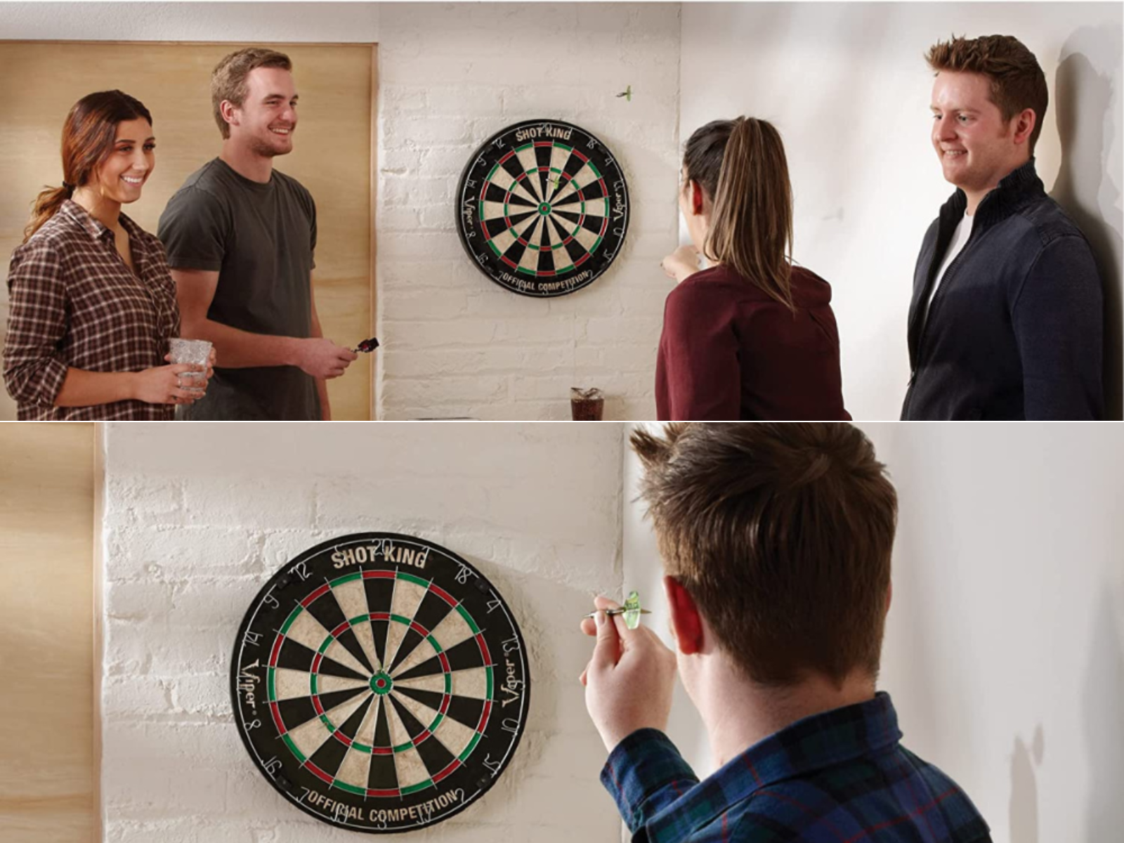 Two couples playing darts and a man playing alone.