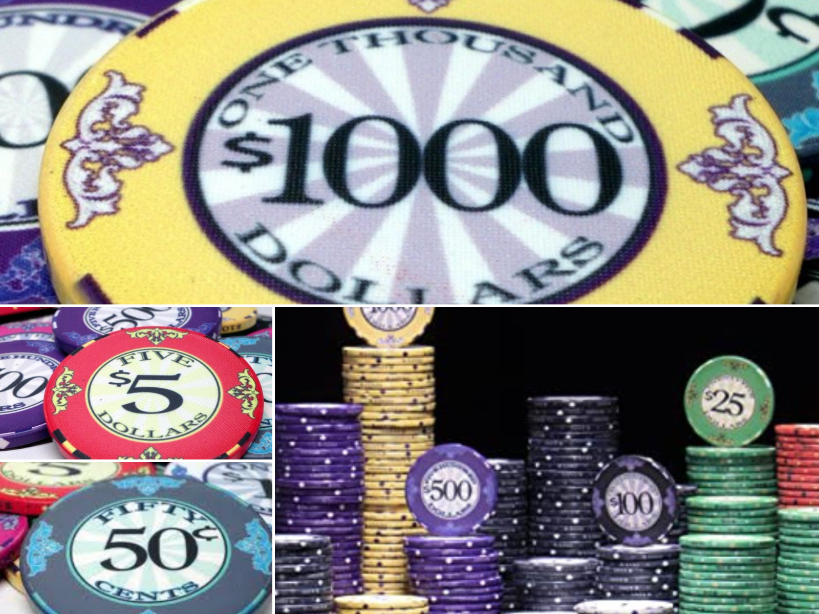 A stack of ceramic poker chips and pictures of a $1000, $5, and 0.50 cent chips.