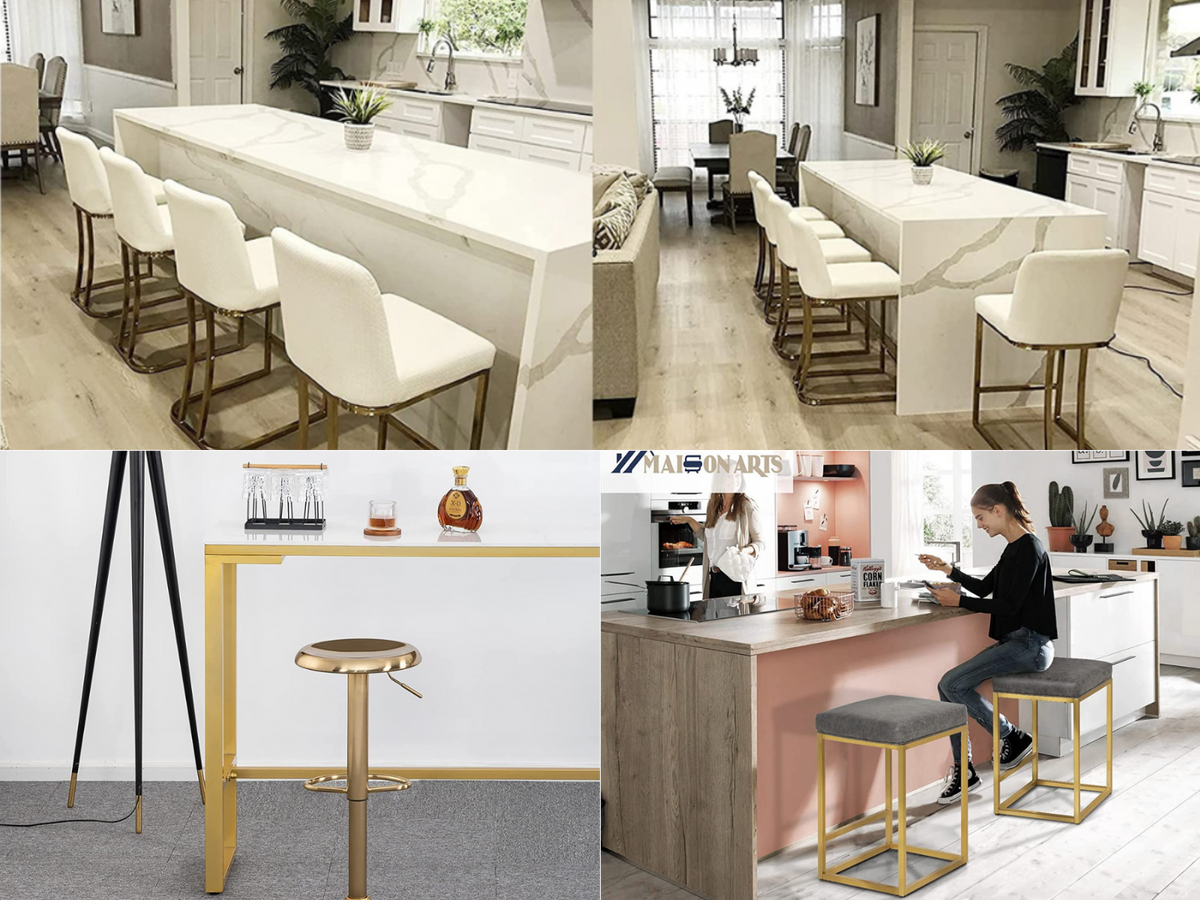 Gold fullback bar stools in a kitchen, backless stools with a woman, and an air lift gold bar stool in a bar setting.