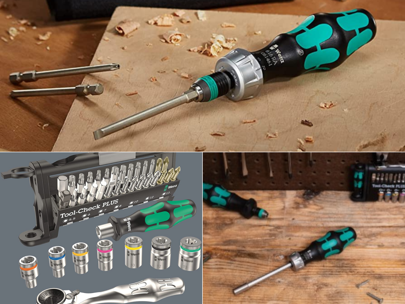Wera screwdrivers that ratchet shown with companion bits and sockets in one set.