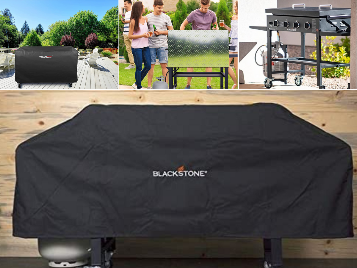 Soft flat top covers on 2 grills on patios, people at a grill and another grill on the patio using metal covers.