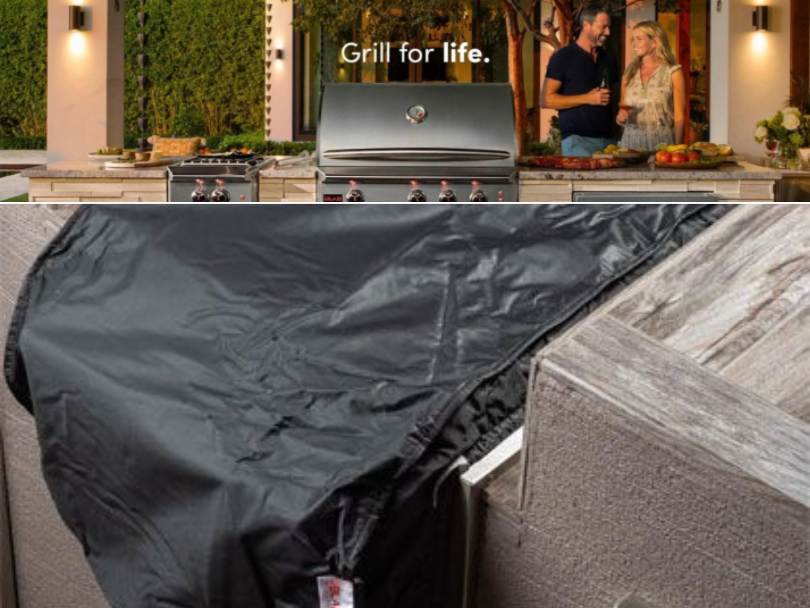 A couple standing behind a Blaze Grill built-in on their patio and a small 2 burner built-in cover on a grill.