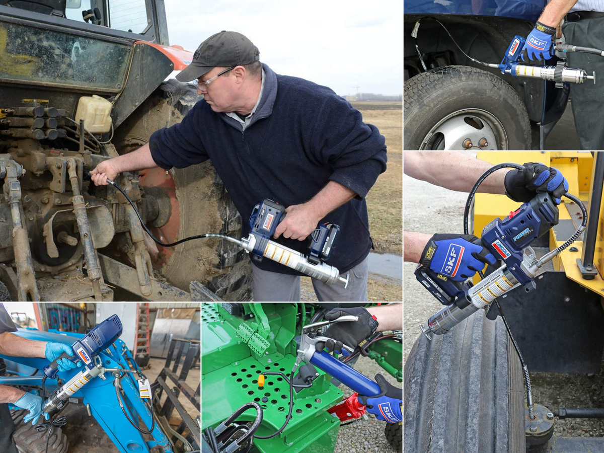 5 men, each greasing equipment, a tractor, forklift, lawnmower, semi-truck, and a bucket lift.