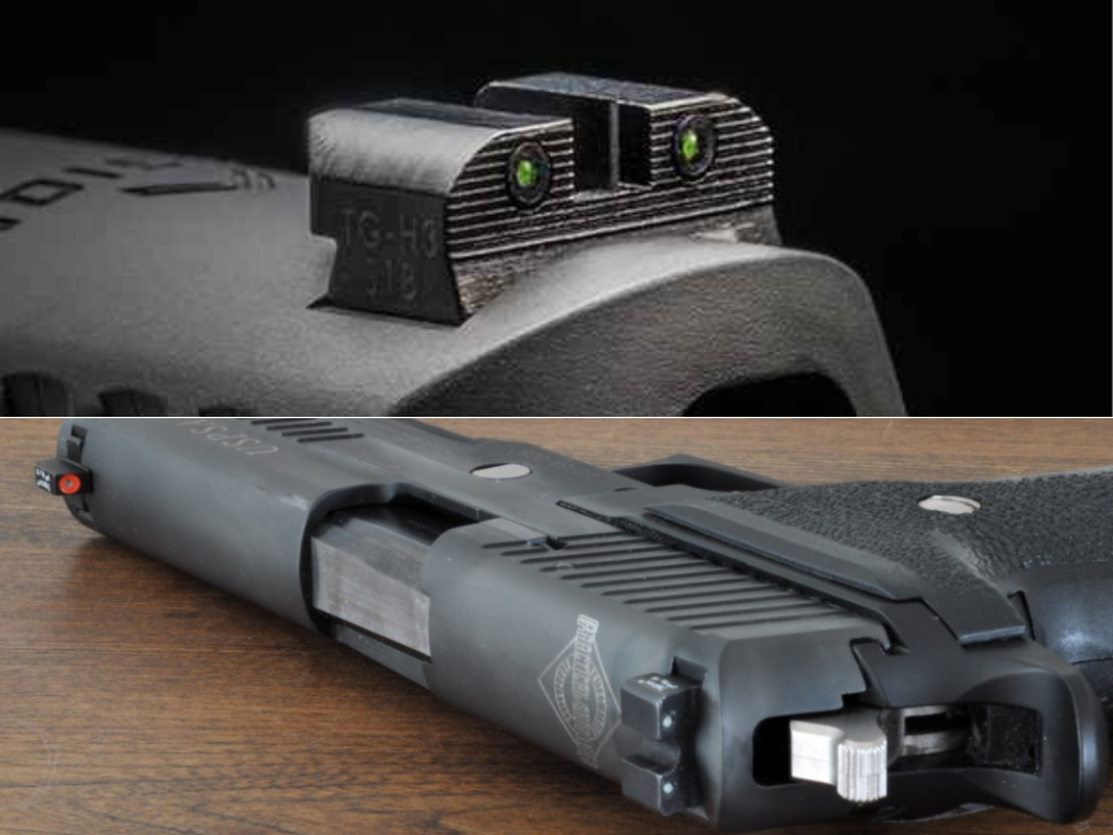 A close up of a TruGlo rear sight and a gun laying on a table with the sights facing you