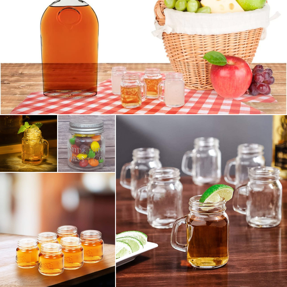 5 settings with Mason Jar glasses, all are being used for beverages and snacks!