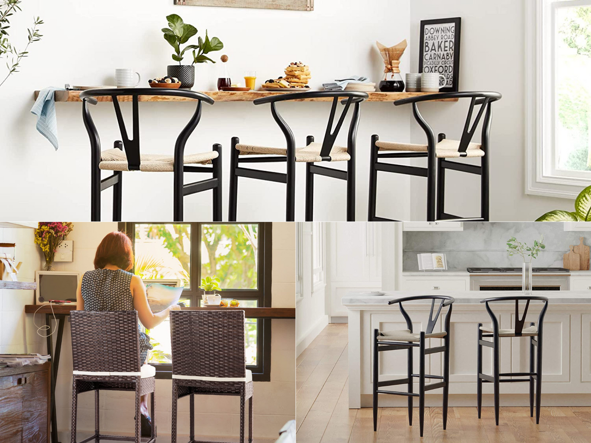 Woven bar stools in a kitchen, at a window table, and at the kitchen counter.