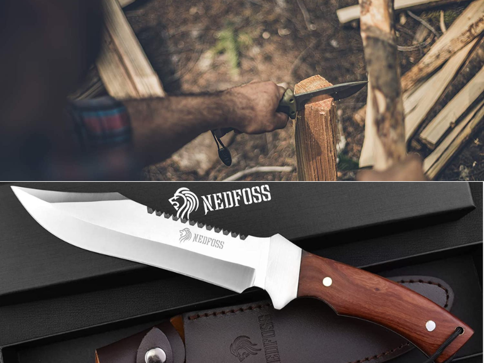 A man chopping wood with a knife and a close up of a custom NedFoss blade