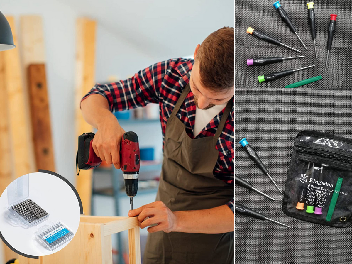 A man using a triangle bit in a wood project and small triangle bits for electronics repair.