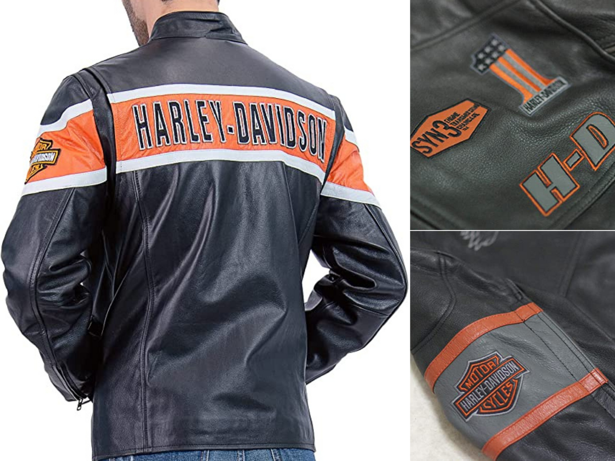 The back view of a man wearing a vintage Harley Davidson Jacket and detail pictures on other jackets