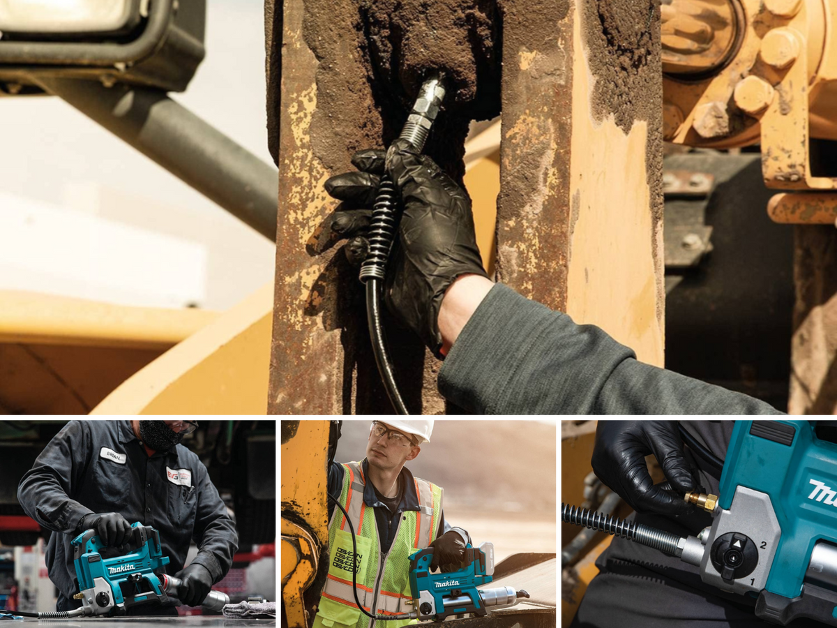 2 pictures of men using the Makita grease gun on heavy equipment, a man changing grease tubes and releasing pressure.