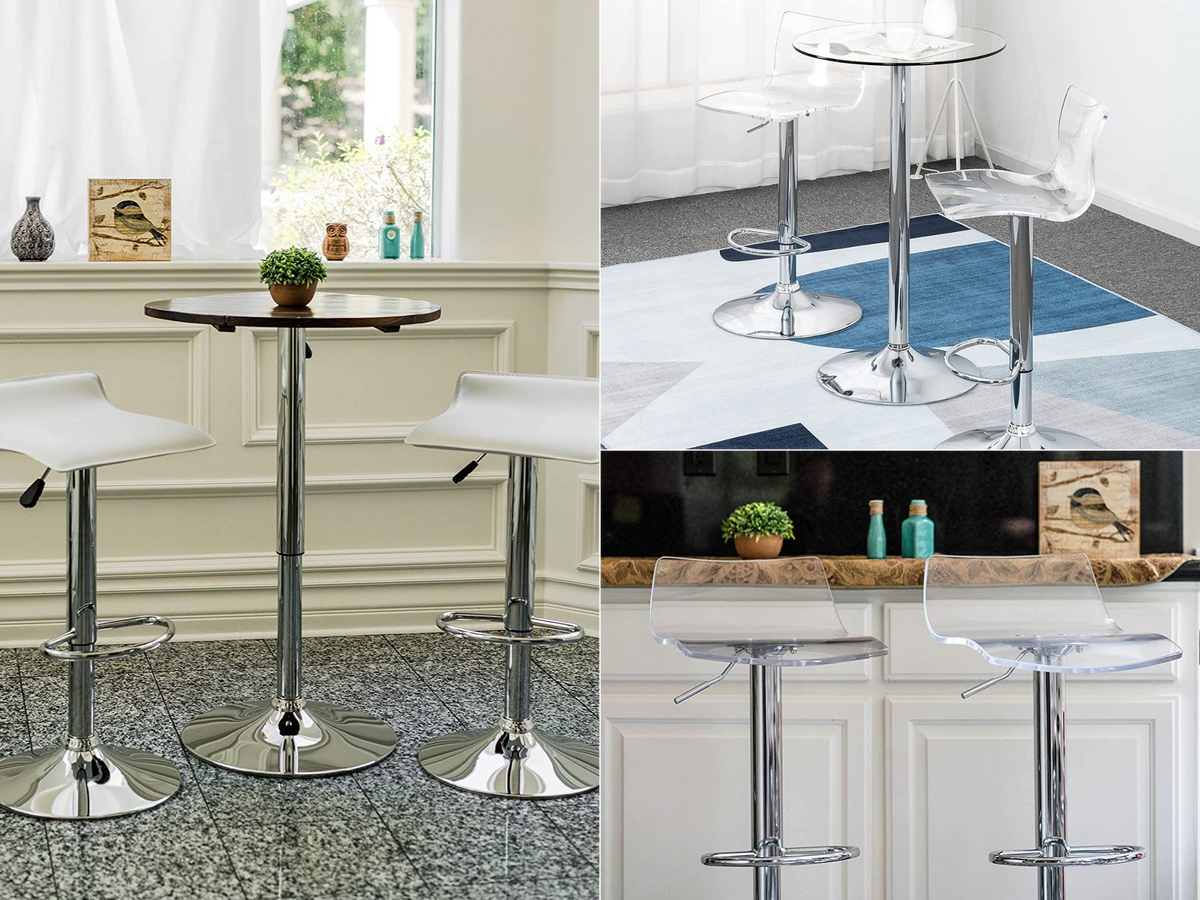 Both high back and low back clear bar stools in different settings, and white acrylic backless in a bar setting.