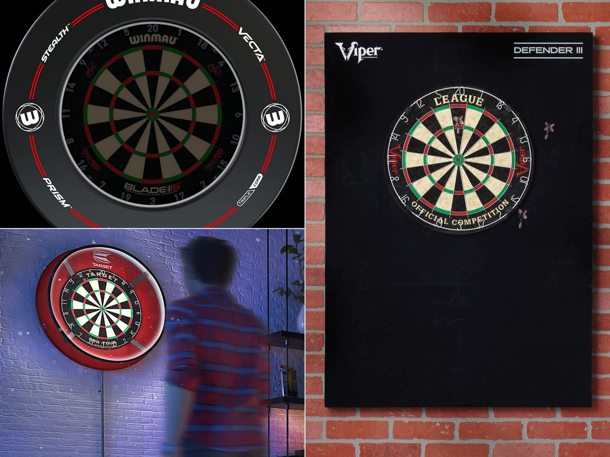 3 dart backboards, 1 is covering the brick wall extensively and the other is a lighted ring backboard.