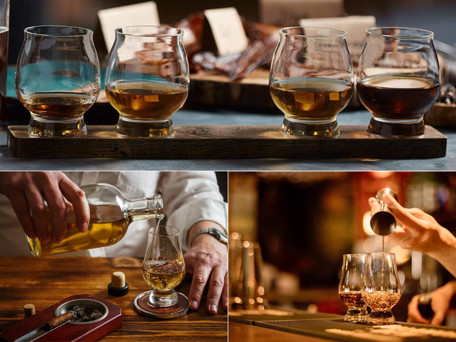 Tasting glasses being filled and a loaded drink paddle.