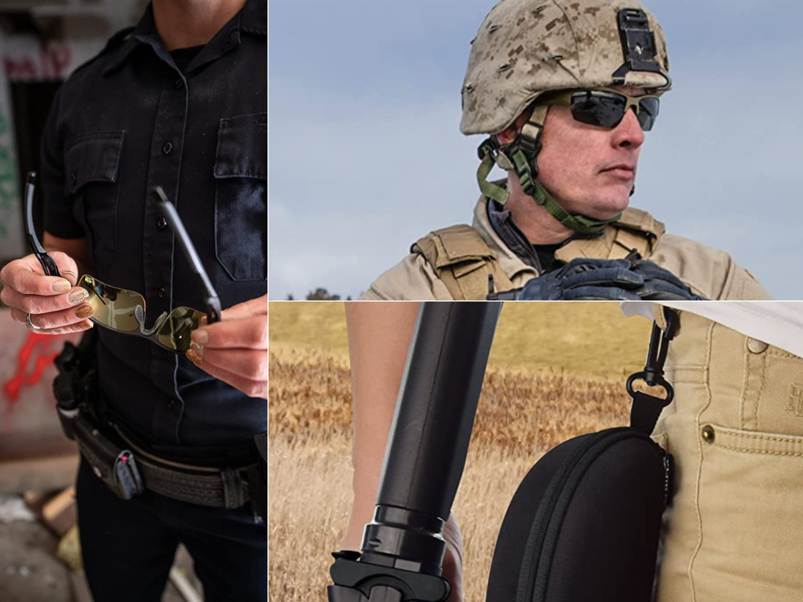 A military man wearing tinted shooting glasses, a man has them in a case on his belt, and the other is putting them on.