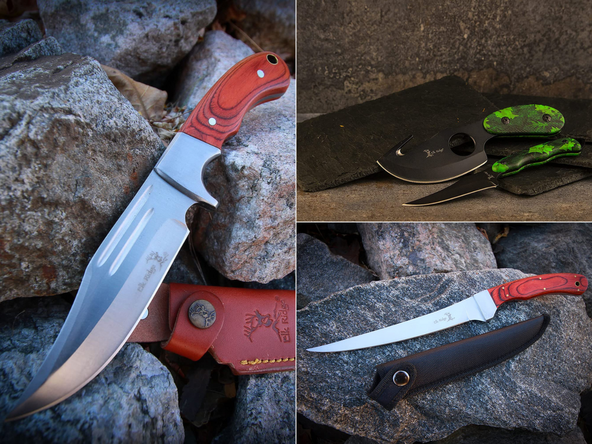 A wood handle fixed blade bowie and a fillet knife with sheathes, and a camo pair, skinner, and gut hook.