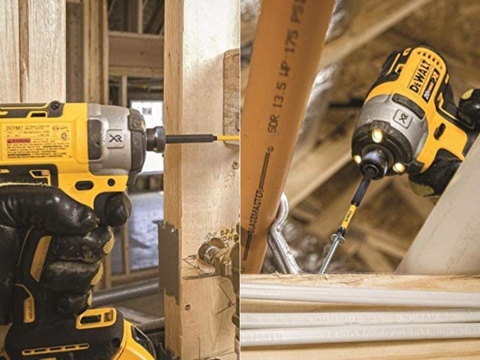 A drill driver installing a screw during construction, and another Dewalt drill installing a screw at an angle.