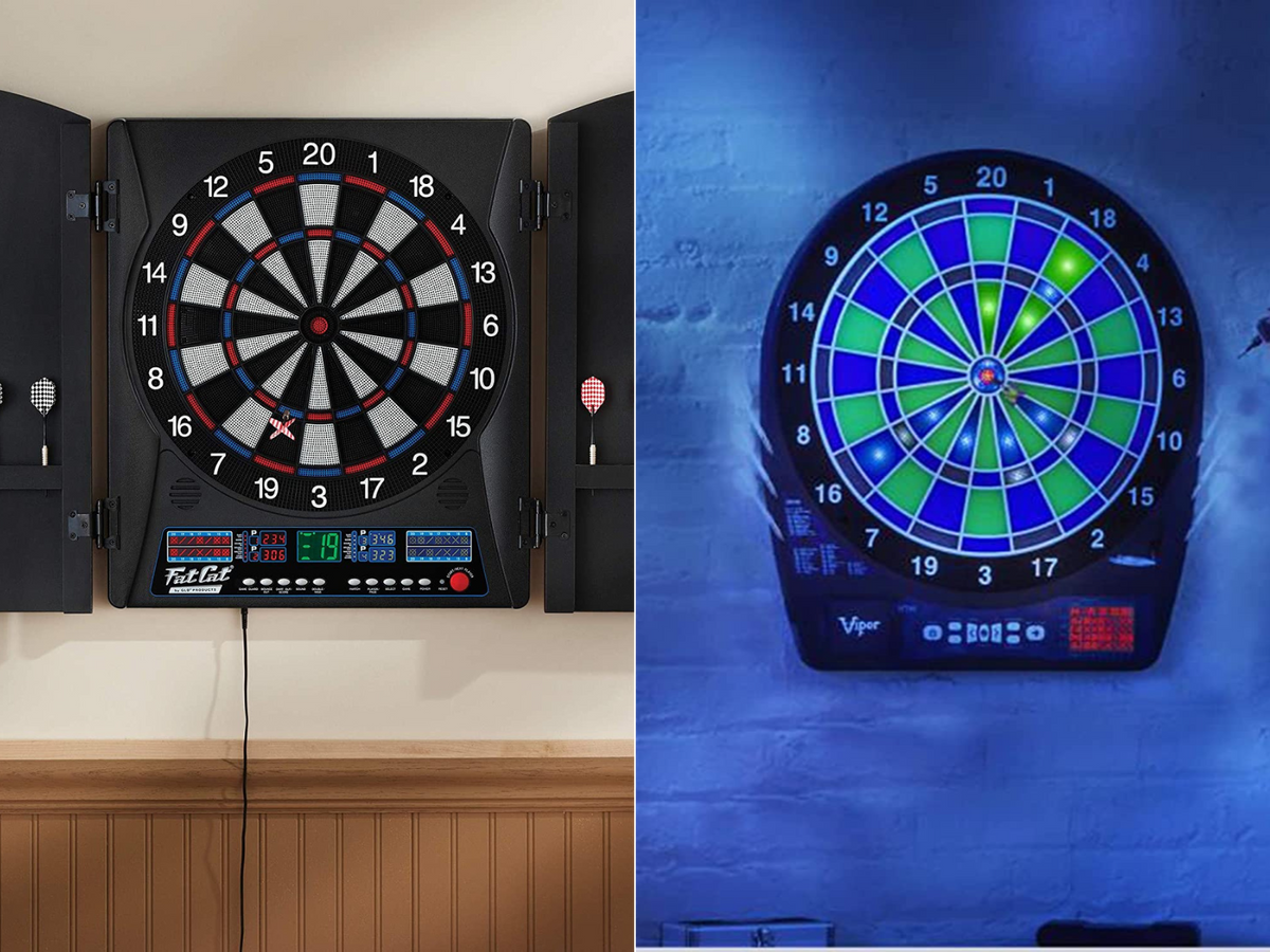 An electronic dart board in a cabinet wall mount and a lighted soft tip board showing off its capabilities.