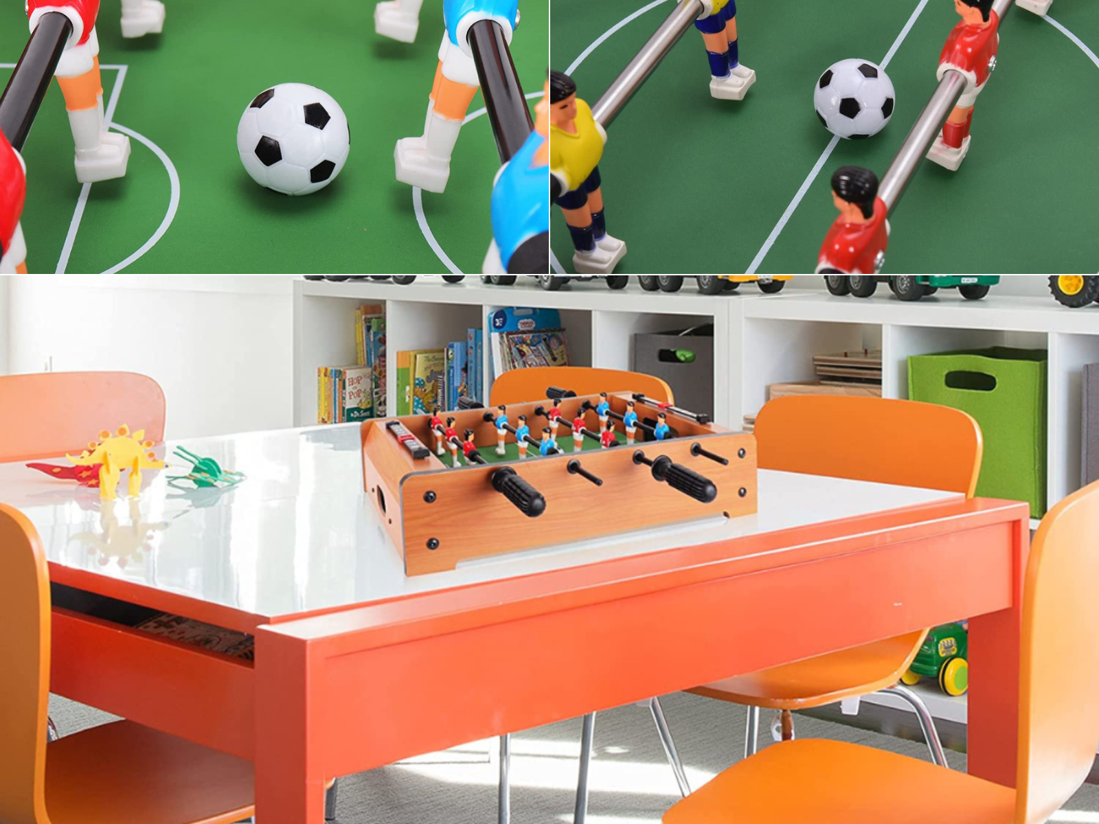 A tabletop foosball table on a dining room table, 2 up close pictures of the players and ball.