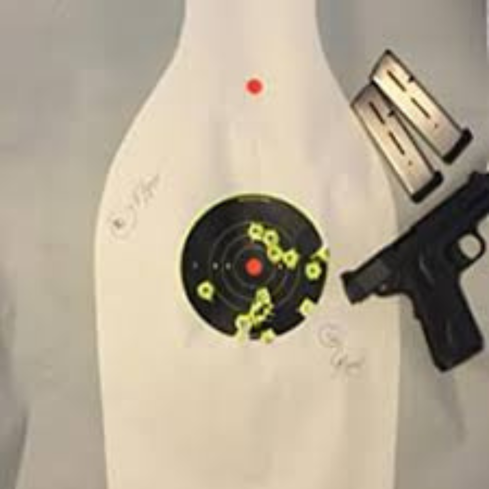 A used Shoot N C with a gun laying on the used target.