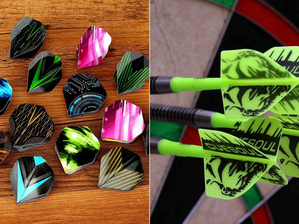 Multiple sets of dart flights in different shapes and colors, and Cuesoul 1 piece flight/sha