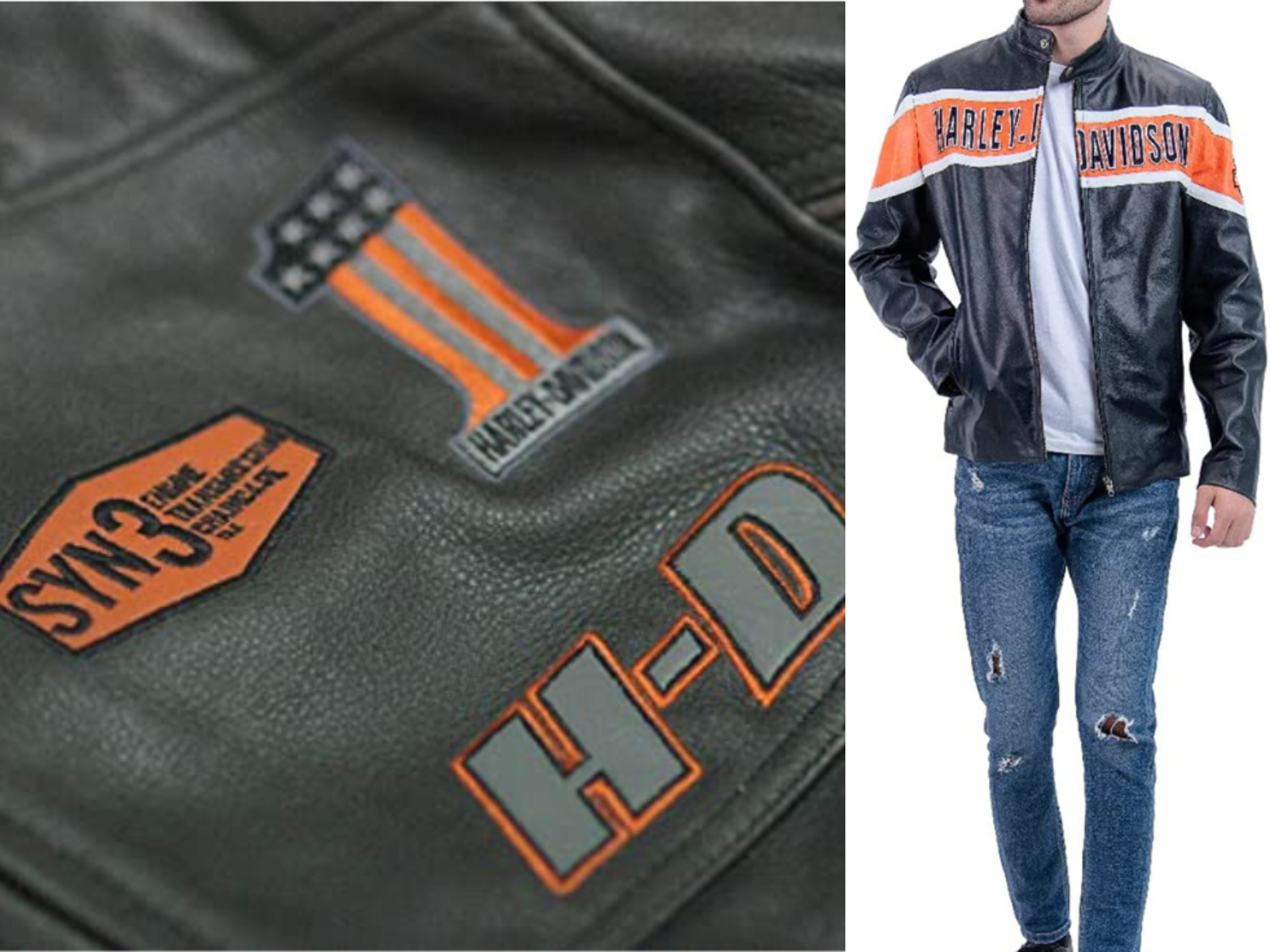 An up close picture of the emblems on a jacket, and a man wearing a vintage Harley Jacket