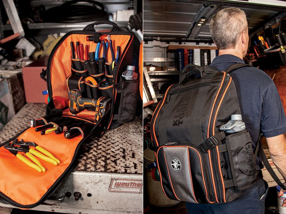 A Klein backpack open with tools inside and a man wearing a tool backpack.