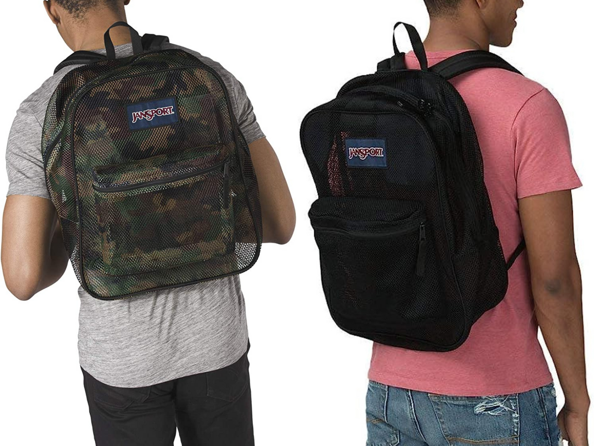 A man wearing a camo mesh backpack and a man carrying a black mesh backpack.