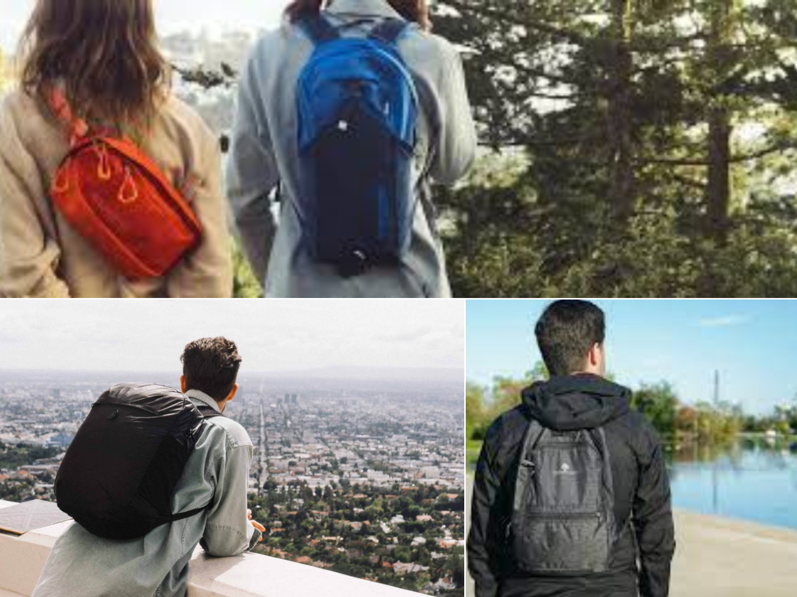 A man on a terrace overlooking a city, a man looking at a lake, and two children wearing packable daypacks.