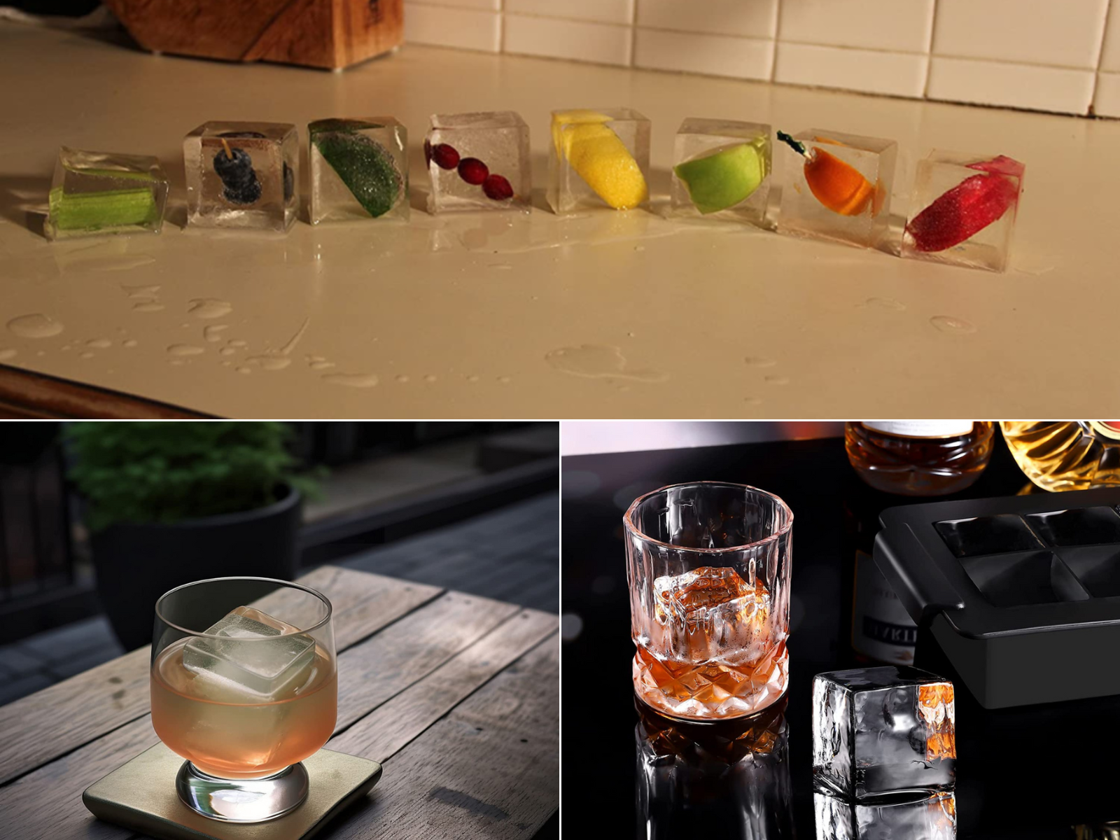 Ice cubes with fruit frozen inside, a glass with ice and drink on a desk, and another on a picnic table.