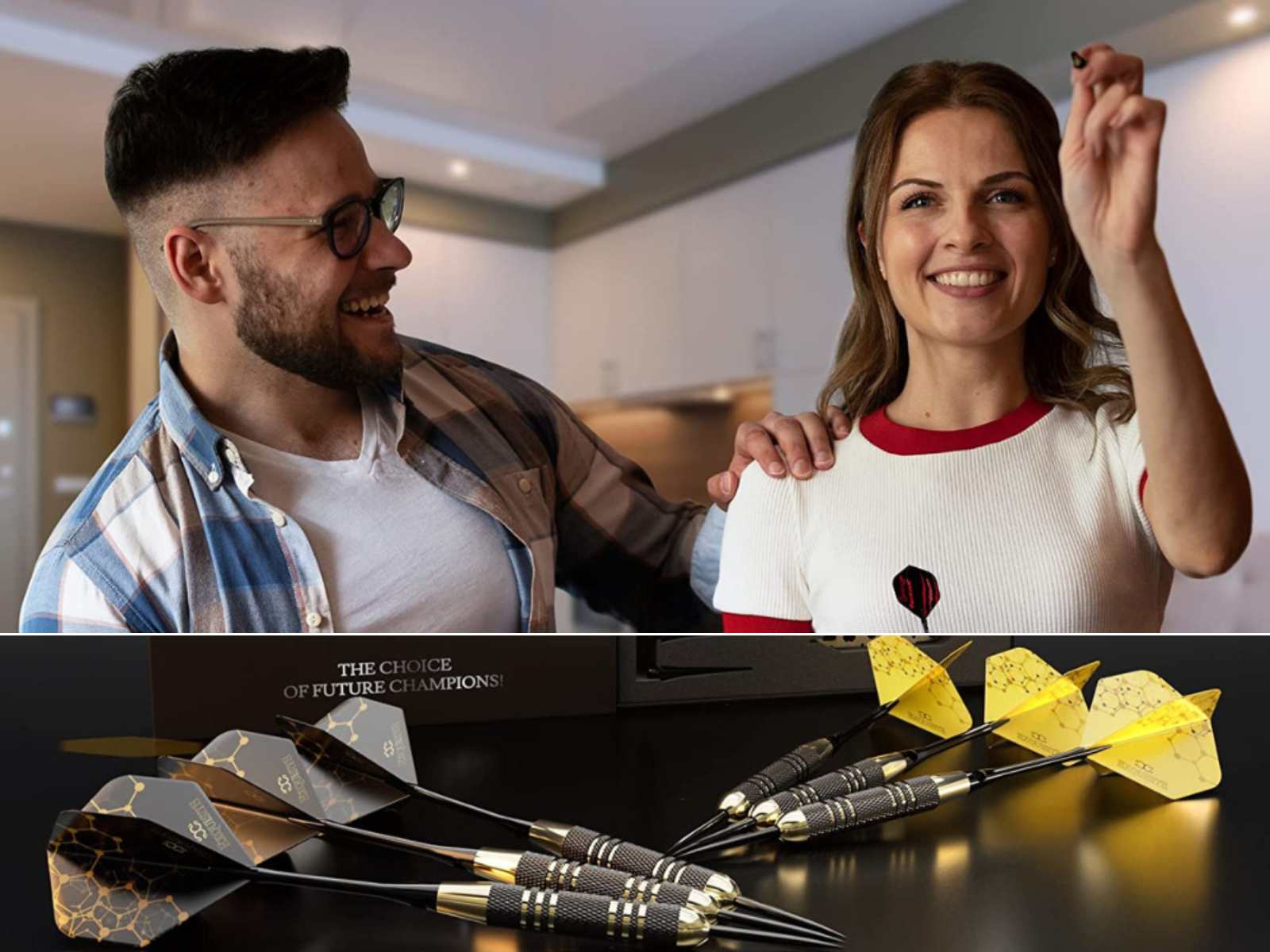 A man helping a woman get ready to throw a dart, and 2 sets of steel tip darts on a table.