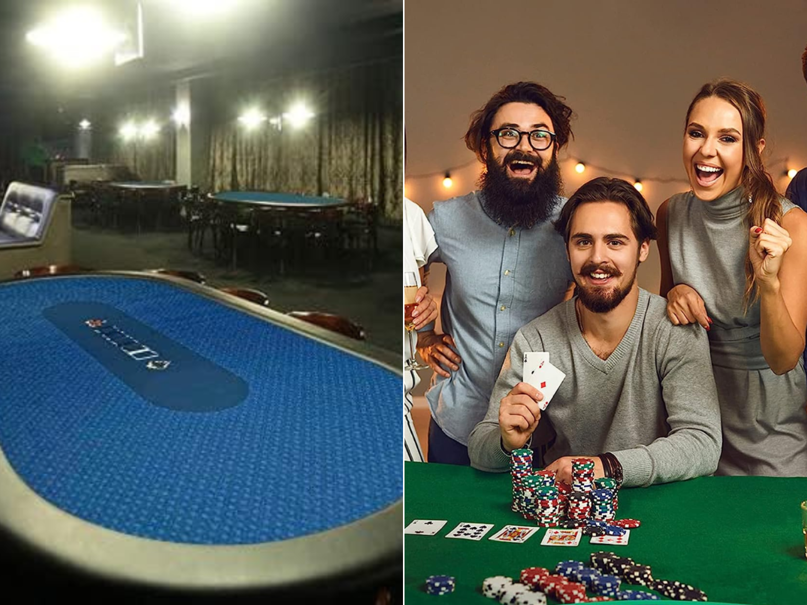 3 blue felt poker tables, a group of people at a felt poker table with chips and drinks.