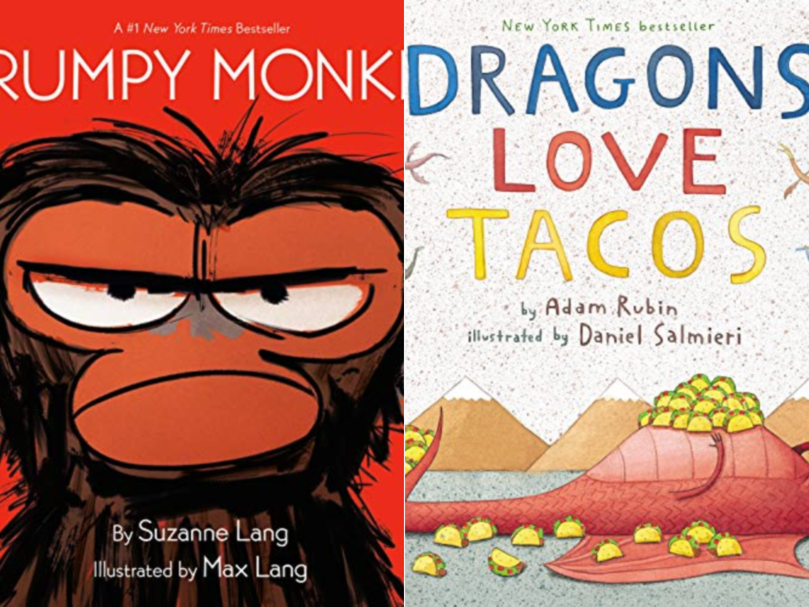 A children's book called Grumpy Monkey and another called Dragons Love Tacos