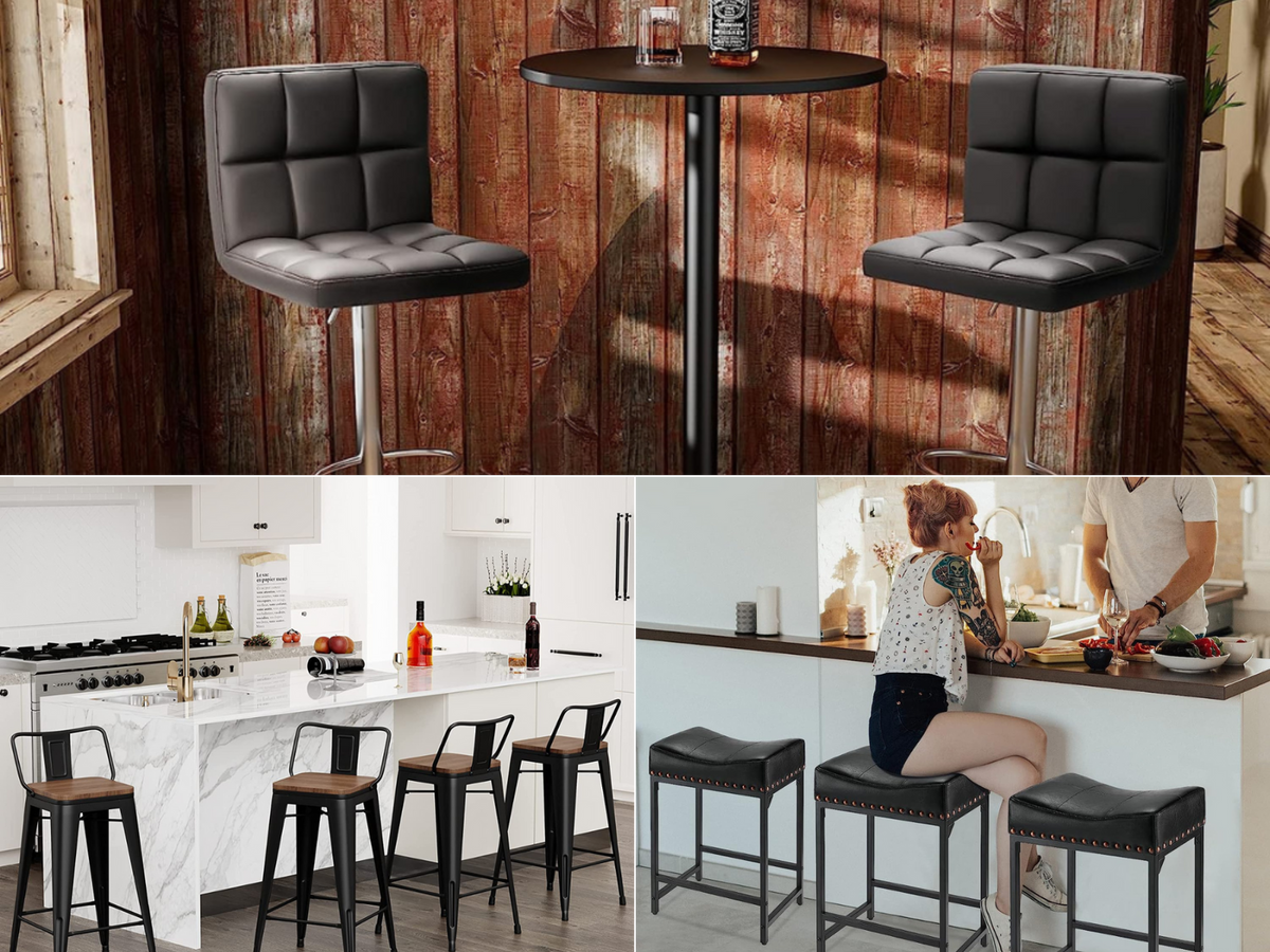 3 pictures of bar stools from sets of 4, fixed height with small back, backless, and hydraulic bar stools.