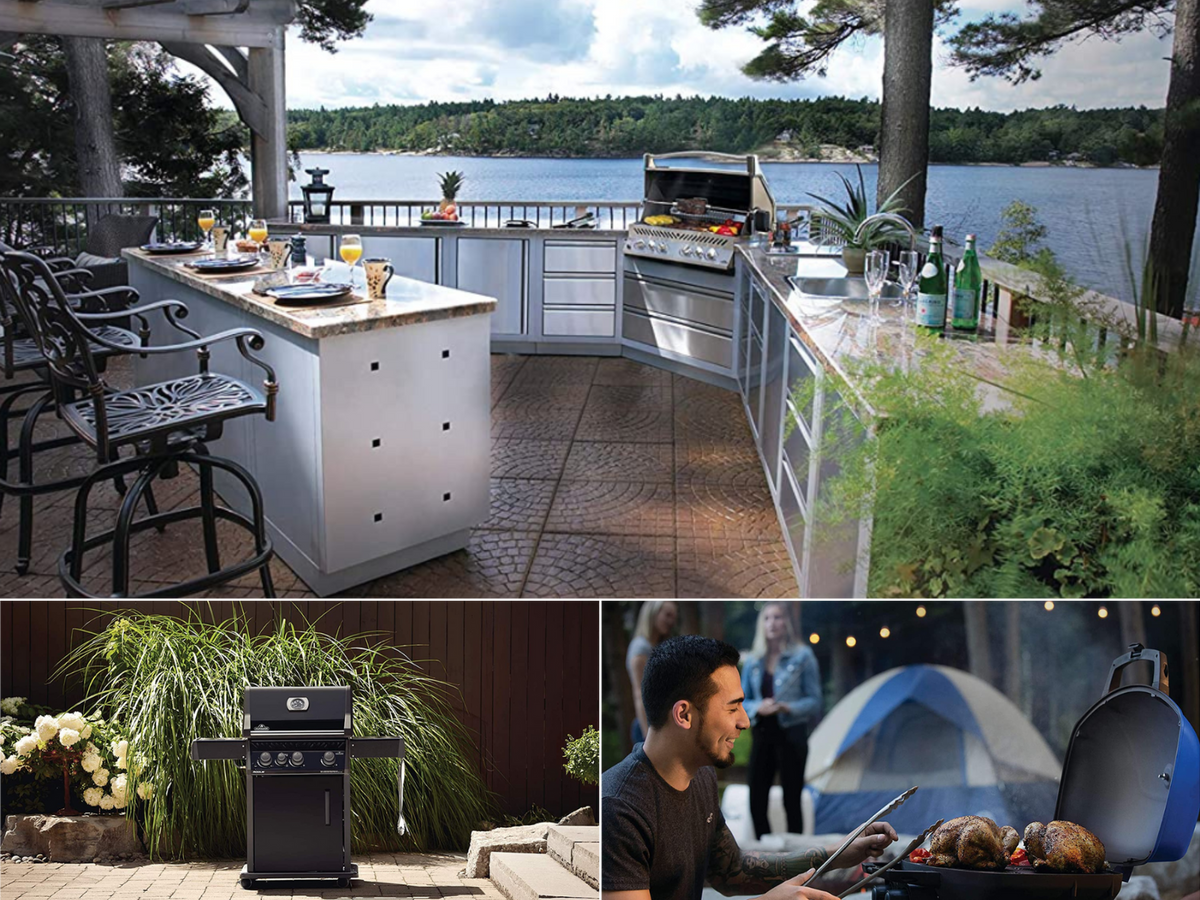 A full outdoor patio with Napoleon gas grill, a man using a portable Napoleon grill, and a black grill on a stone patio.