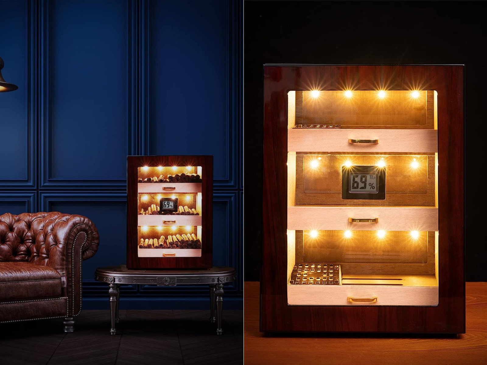 An electronic humidor sitting on a table next to a leather couch, an close up picture of the lighted interior.