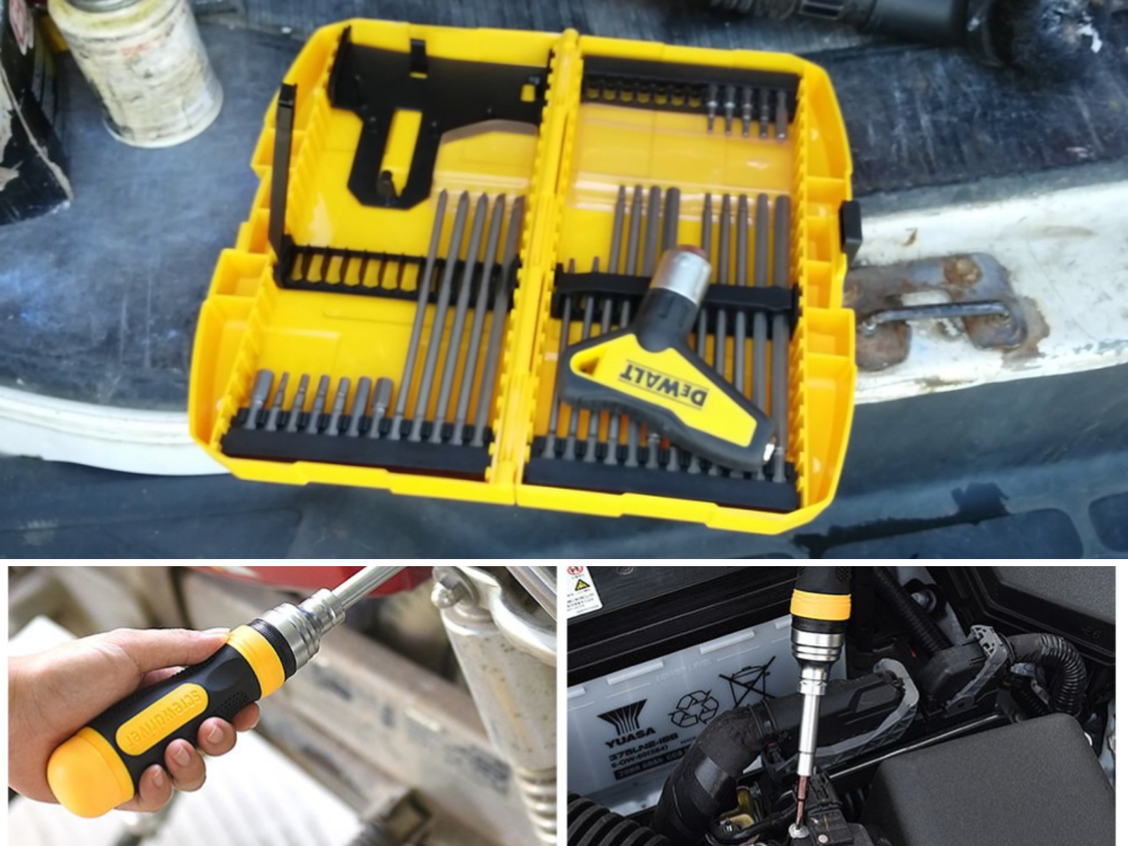 A T-handle set, and 2 different pictures of the Dewalt ratcheting screwdriver working on a motorcycle.