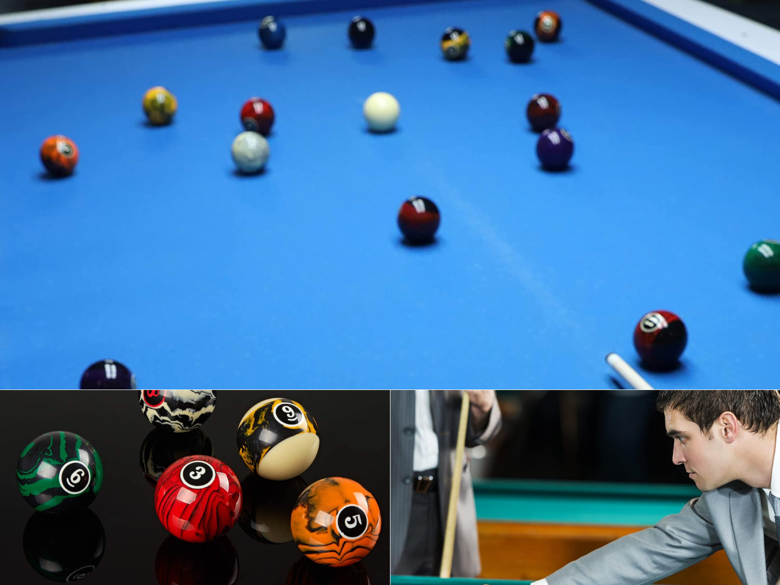 3 different sets of unique pool balls shown on tables