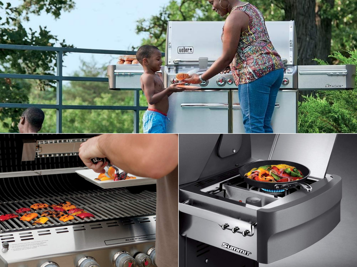 A woman giving a little boy food, a man grilling peppers, and stir fry on the side burner.