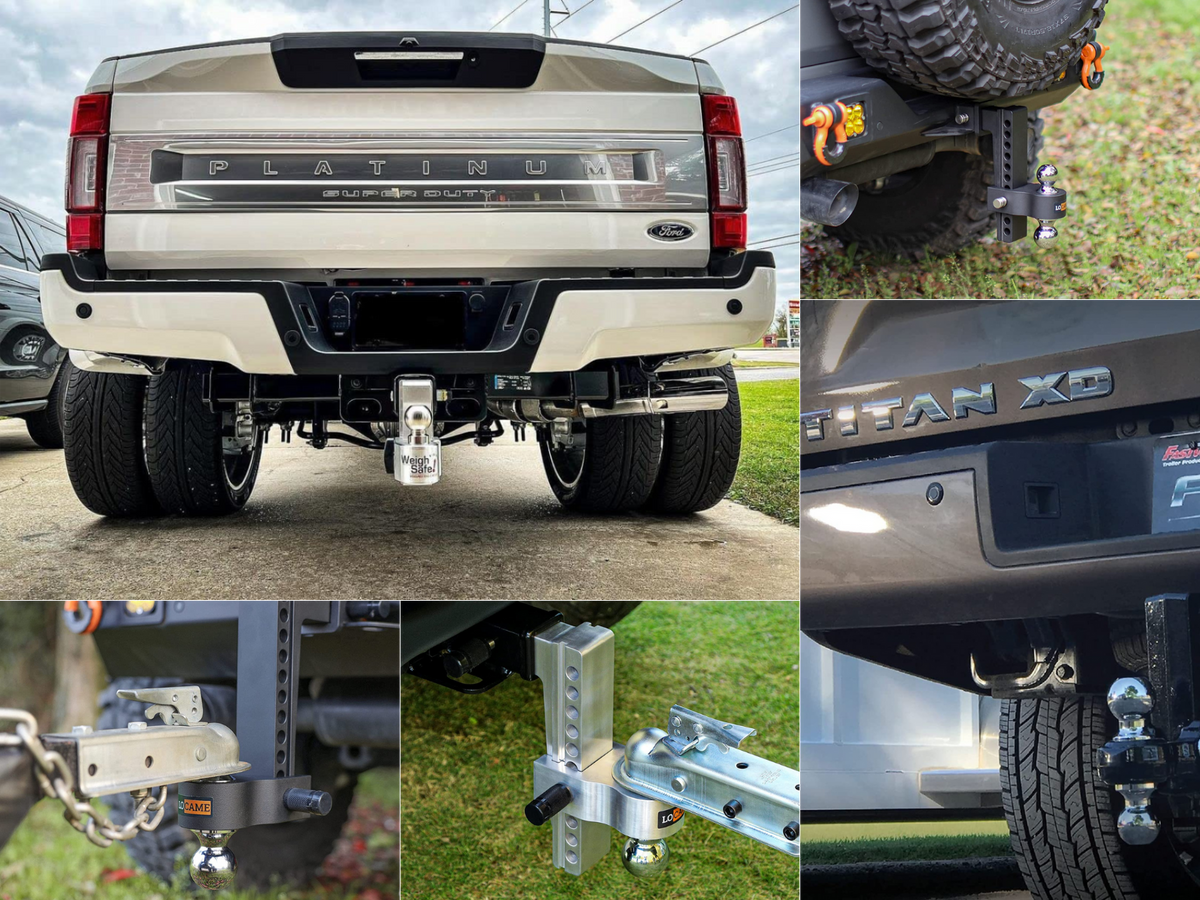 Three different 10-inch drop hitches shown in use and two not loaded on a Platinum Super Duty and a Titan XD.