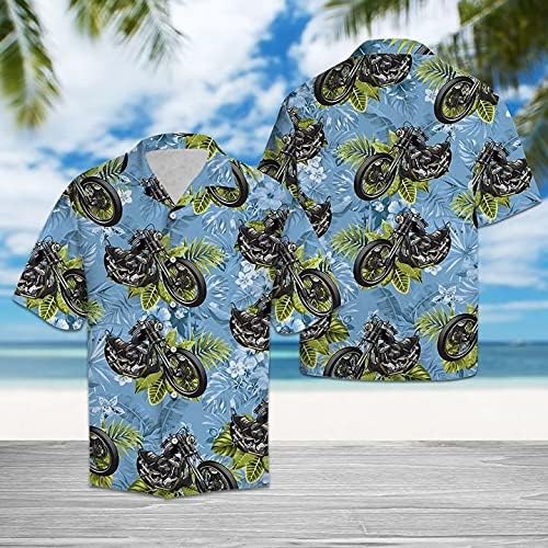 Front and rear view of a Harley Davidson Hawaiian shirt, blue with black motorcycles and tropical plants.