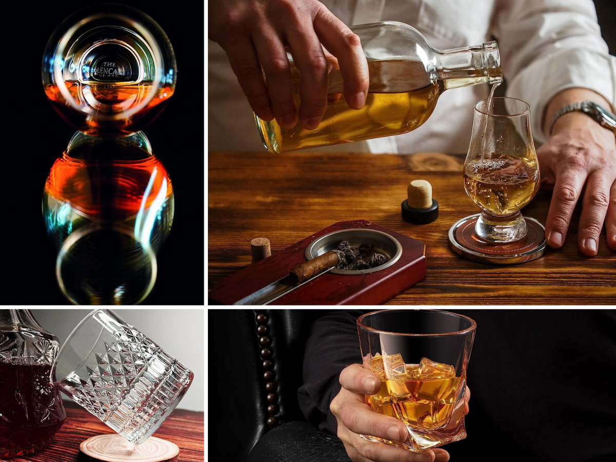 A man holding a glass of rum, another is smoking a cigar with his rum, and two different crystal rum glasses.