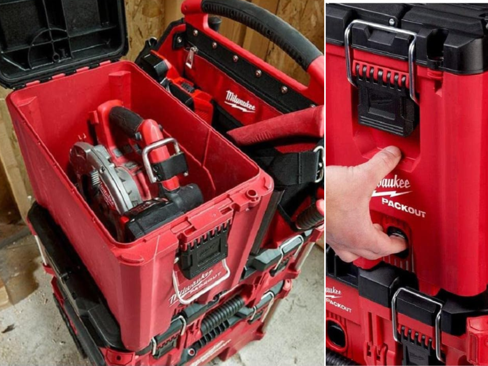 The Packout loaded with tools, a compact Packout being stacked.