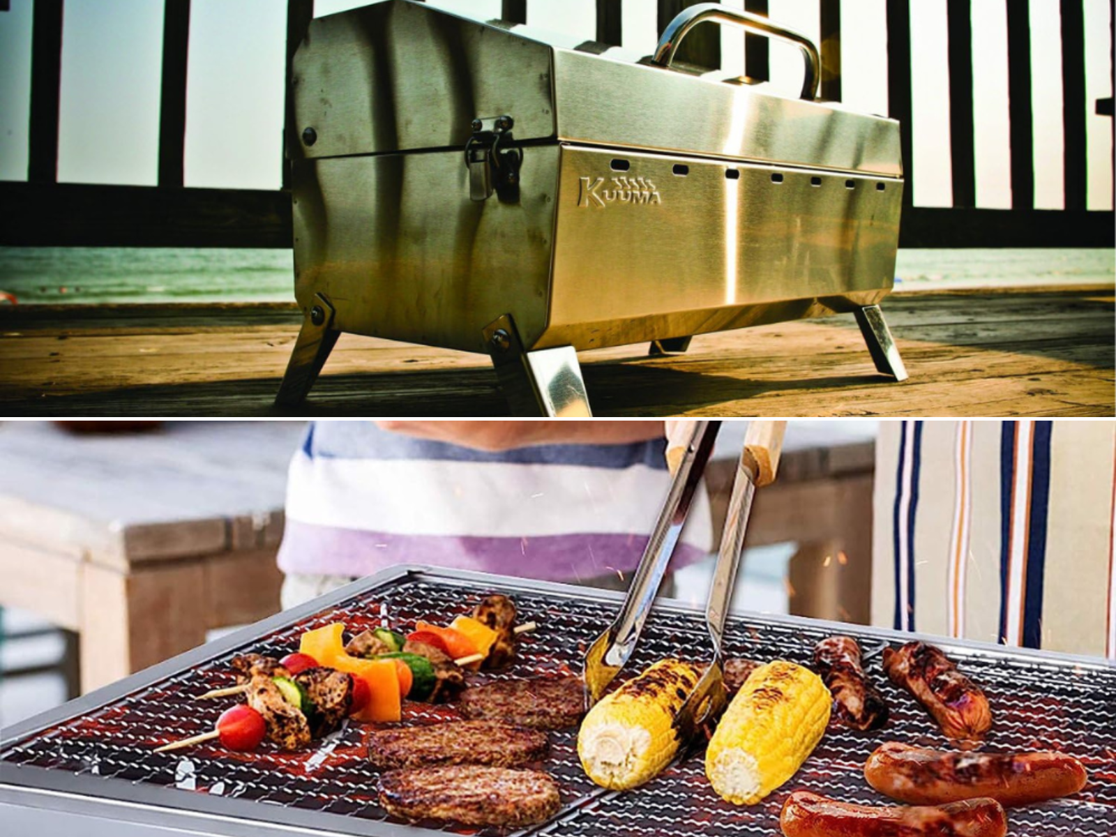 A man a small girl grilling corn, and hot dogs and a stainless steel grill sitting on a balcony over looking the ocean.