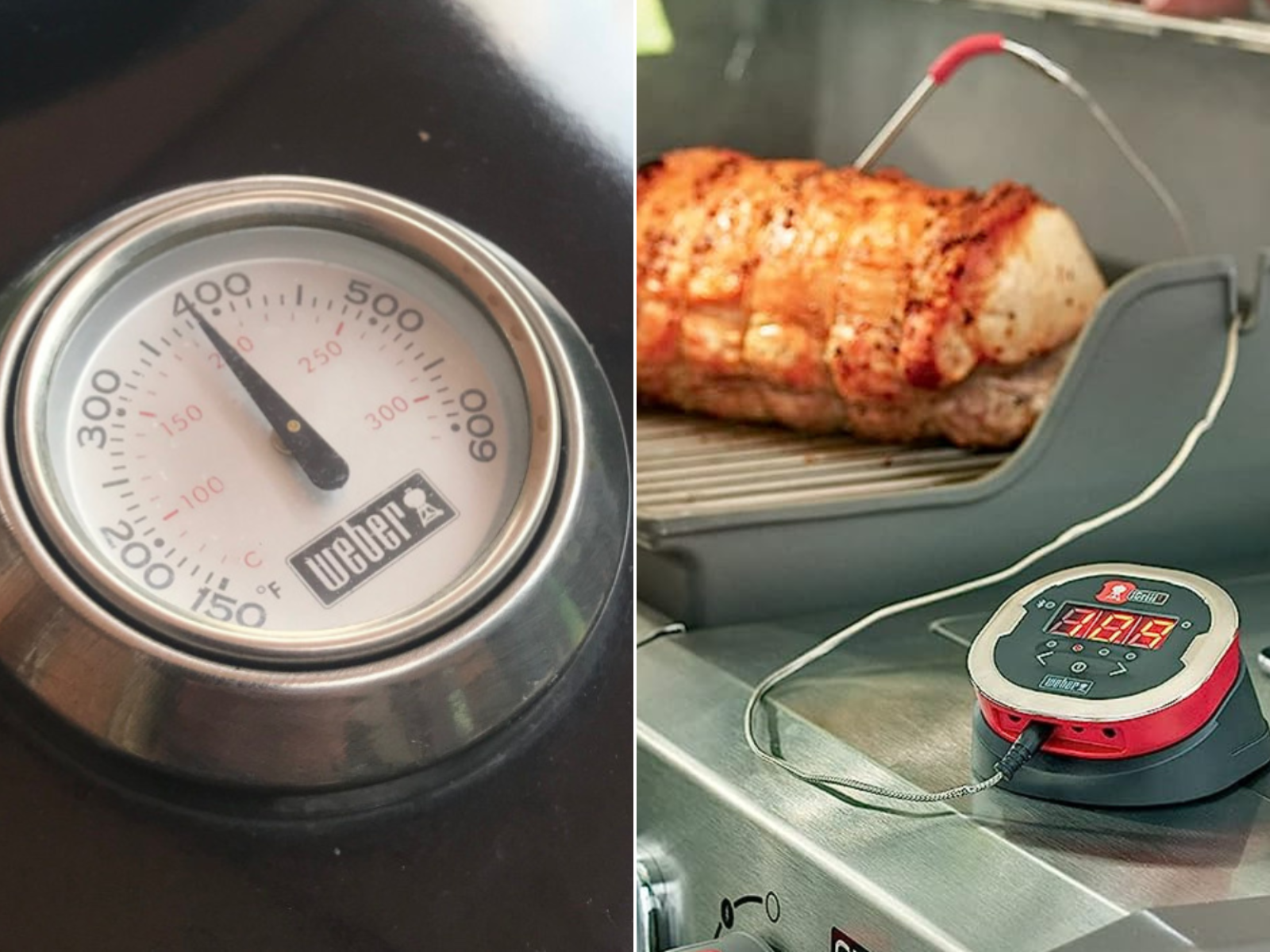 A needle Weber grill thermometer, and a Weber iGrill both showing a temperature of over 100 degrees.