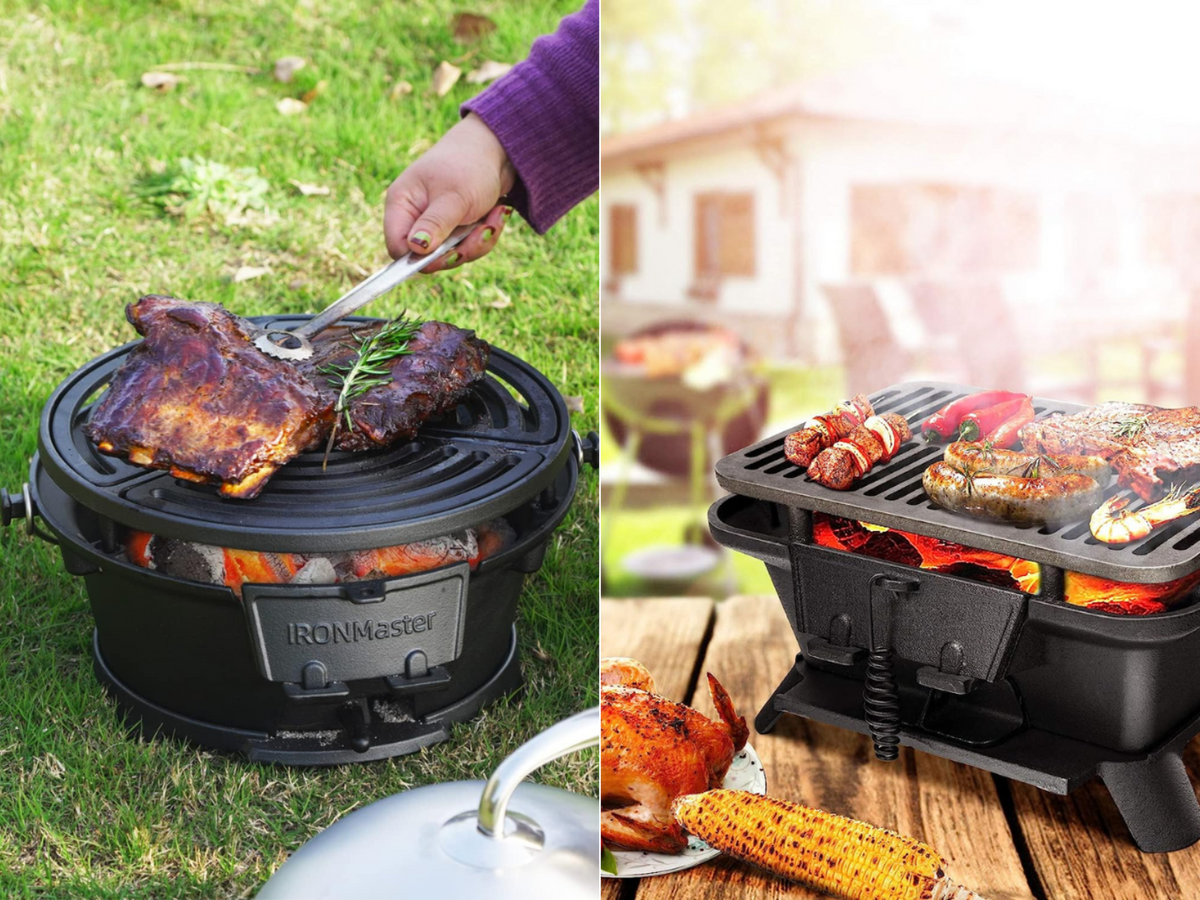 A round Hibachi charcoal grill and a rectangle one, both doing work, cooking great food!