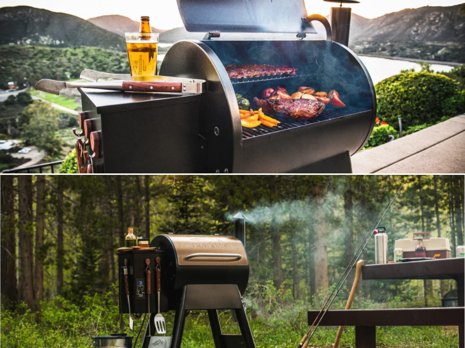 A Traeger Mesa pellet grill loaded with food, another in a campsite in the woods next to a picnic table.