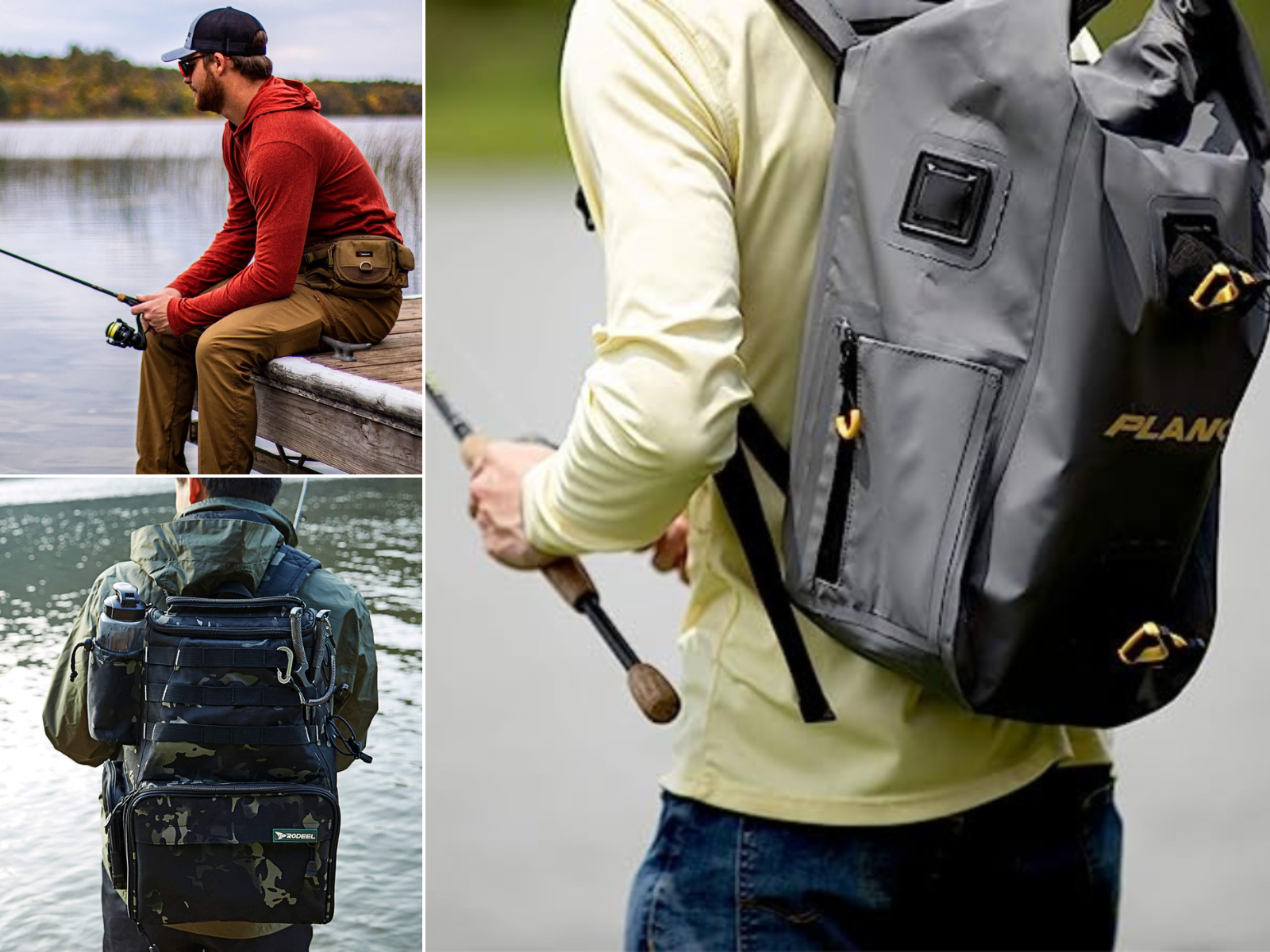 A man fishing from a pier with a fanny backpack, 2 men wearing different style fishing backpacks.