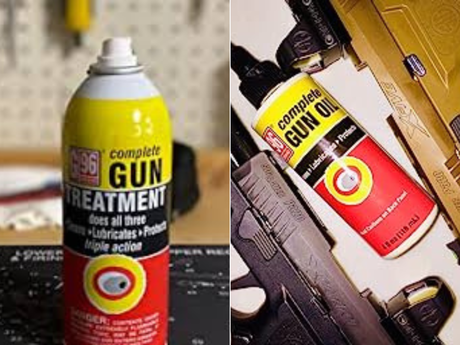 G96 12 oz aerosol sitting on a bench, and G96 4 oz bottle laying next to a Sig Sauer pistol.